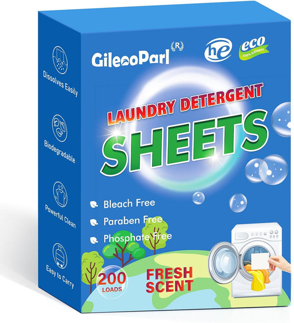 Gileooparl Eco Laundry Detergent Sheets, 200 Loads, Fresh Scent, Plastic Free Liquidless Strips