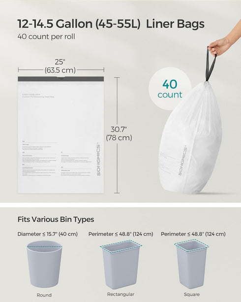 SONGMICS Trash Bags for 12-14.5 Gallon (45-55L) Trash Cans, 120 Count Drawstring Kitchen Garbage Bags, 3 Rolls