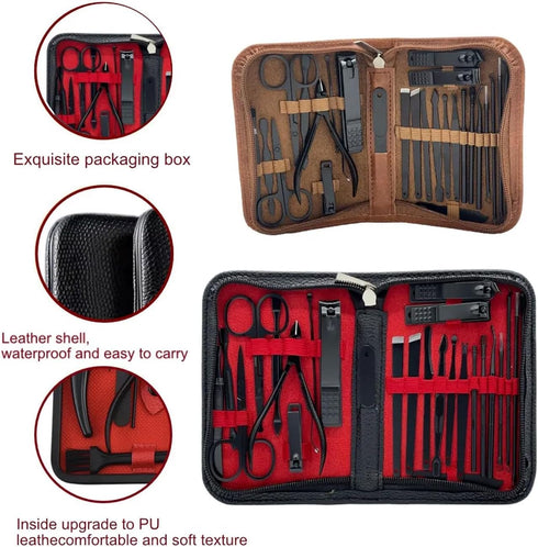 Manicure Set - Complete Stainless Steel Nail Clippers & Care Tools in Luxurious Leather Travel Case, 26-Piece Kit