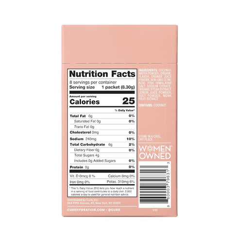 Cure Hydration Plant-Based Electrolyte Drink Mix, No Added Sugar, Coconut Water Powder, Box of 8 Packets - Grapefruit