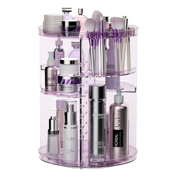 Rotating Makeup Organizer for Vanity, Adjustable Spinning Tray, Cosmetic Display Case with Brush Holder & Perfume Tray