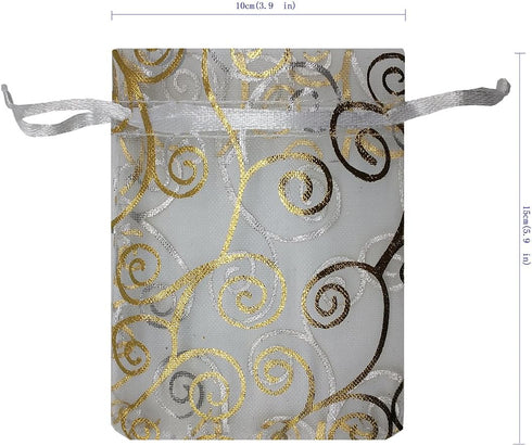 100pcs Sheer Organza Favor Bags for Wedding Baby Shower, Rattan Print Drawstring Pouches, 4x6 inch, White
