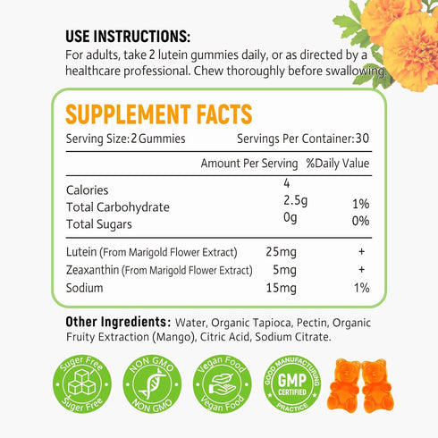Lutein Gummies 25mg, 60 Count, Eye Vitamins Lutein & Zeaxanthin, Sugar Free Eye Health Supplements for Adults