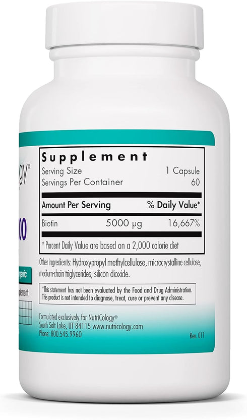 Nutricology Biotin 5000 Supplement - 5000mcg Biotin, Vitamins for Hair, Skin and Nails, High Dose, Vegetarian Capsules, Hypoallergenic, Gluten Free - 60 Count