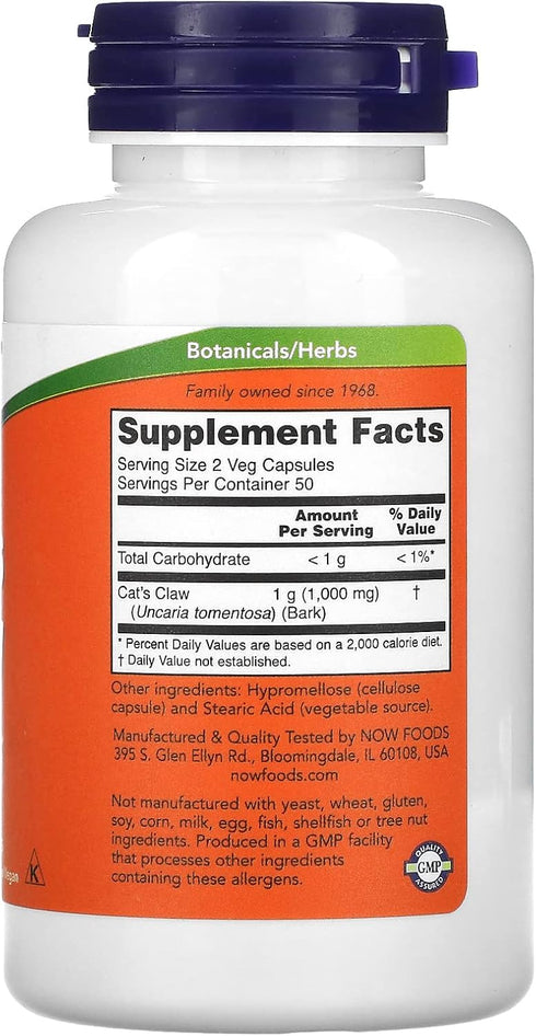 NOW Supplements, Cat's Claw 500 mg, Non-GMO Project Verified, Herbal Supplement, 100 Veg Capsules