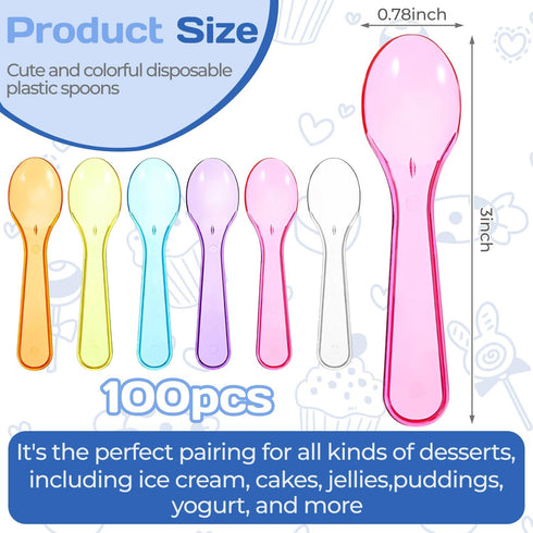 OLLBIT 100PCS (100Pcs) Mini SpoonsDessert SpoonsPlastic Disposable CutlerySmall Plastic Spoons for Ice Cream, Cake