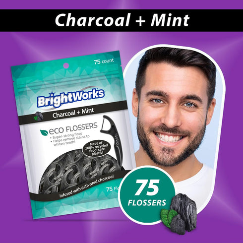Brightworks ECO Sustainable Floss Picks, 225 Count, Charcoal + Mint Infused, 100% Post-Consumer Recycled Plastic