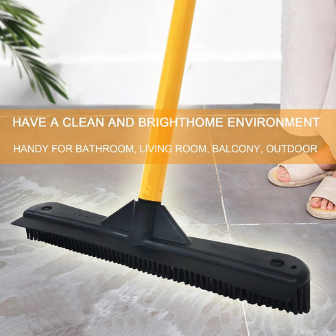 Pet Hair Removal Push Broom with Squeegee, Soft Silicone Bristle, Long Handle, Non-Scratch Carpet Sweeper Brush (Orange)