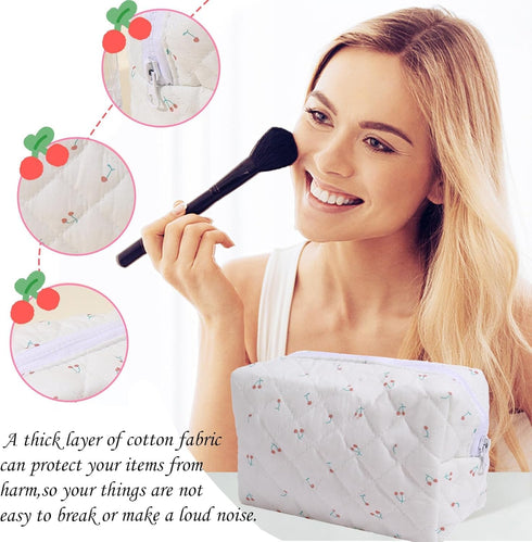 LYDZTION 2Pcs Cute Quilted Makeup Bag for Women, Coquette Cherry Makeup Bag with Purse Pouch, Travel Essentials