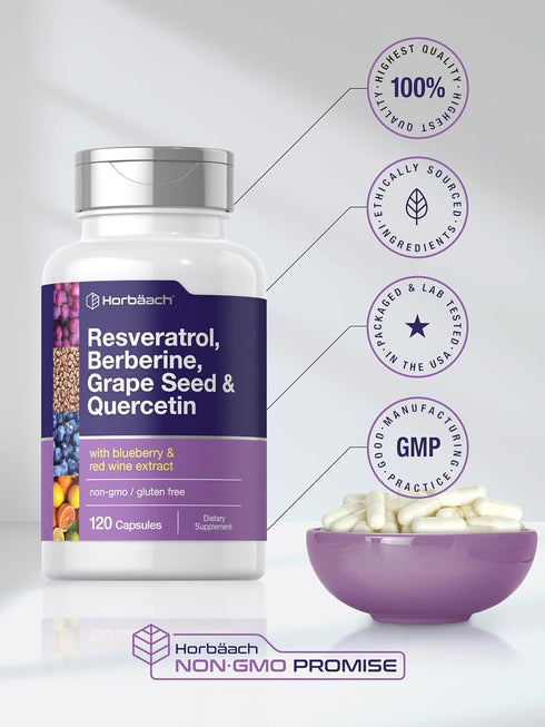 Horbaach Resveratrol Berberine Grape Seed & Quercetin with Blueberry & Red Wine Extract, 120 Capsules, Non-GMO, Gluten