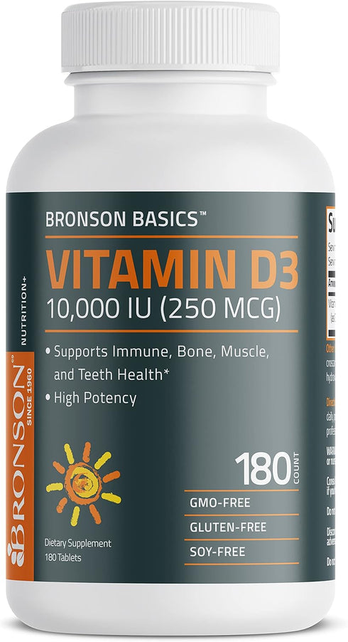 Bronson Vitamin D3 10,000 IU (250 MCG), 180 Tablets for Healthy Muscle Function & Immune Support, Non-GMO
