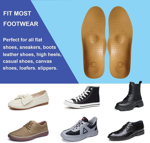 Thin Leather Insoles for Men, Arch Support for Pain Relief from Heel Spurs and Plantar Fasciitis, Brown, Women's
