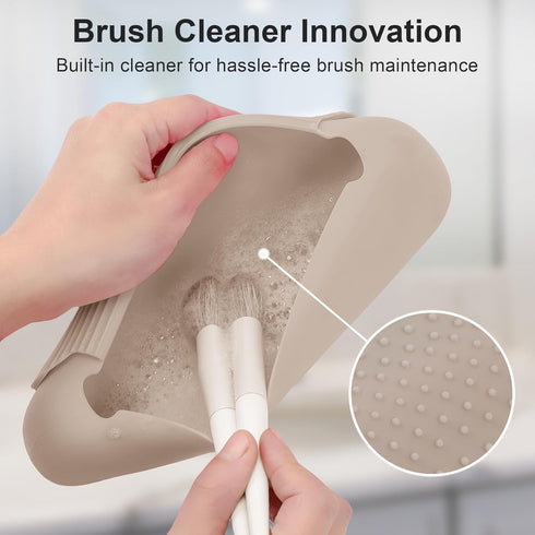 Travel Makeup Brush Holder, Upgrade Khaki Silicone Cosmetic Face Brushes Case, Magnetic Anti-fall Out Makeup Tools