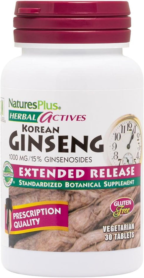Natures Plus Herbal Actives Korean Ginseng, 1000 mg, 30 Vegan Tablets, Adaptogenic Supplement