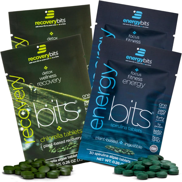ENERGYbits/RECOVERYbits Organic Spirulina & Chlorella Tablets, Vegan, Keto, Gluten Free, 4 Bags, 30/Bag