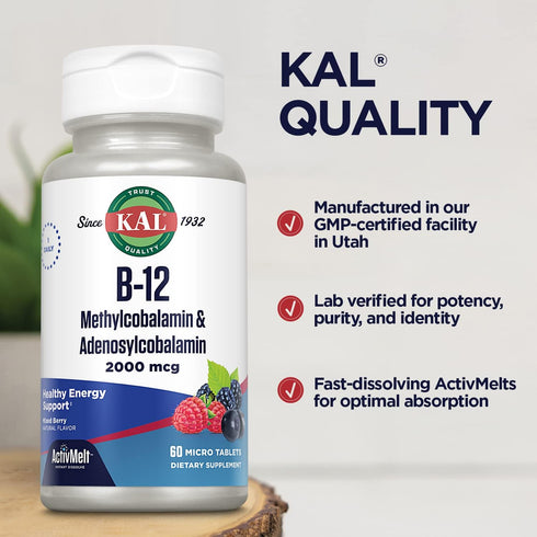 KAL Vitamin B12 Methylcobalamin and Adenosylcobalamin 2000 mcg ActivMelt, High Absorption, 60 Micro Tablets