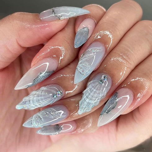 KKUUOO Medium Almond Light Blue Press on Nails, French False Nails with Shell Design & Rhinestones, 24 Pcs