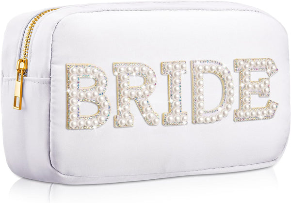 Nylon Bride Makeup Bag, Large Cosmetic Travel Toiletry Bag with Pearl Rhinestone Letter Patch for Women
