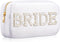 Nylon Bride Makeup Bag, Large Cosmetic Travel Toiletry Bag with Pearl Rhinestone Letter Patch for Women