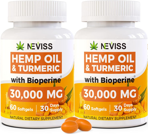 2 Pack Hemp Oil Capsules with Turmeric - Organic Hemp Seed Oil Pills with Turmeric Curcumin, Vegan Omega 3 & 6