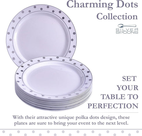 Silver Spoons Disposable Plates For Party - (20 Piece) Heavy Duty Disposable Dinner Set 7.5” , Fine Dining Plastic Dishes For Elegant China Look, Great for Upscaled Wedding, Dining & Servings, Silver by Silver Spoons