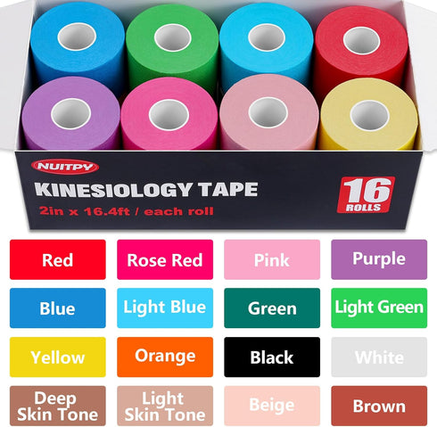 NUITPY 16 16 2 inch 16.4 Rolls Kinesiology Tape, Colors x Feet Waterproof Athletic Tape, Uncut Kinetic Tape, Elastic