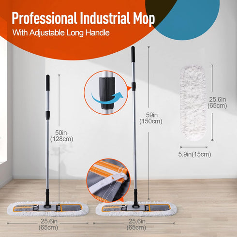 24" Heavy Duty Commercial Dust Mop for Floor Cleaning, 2 Microfiber Mop Pads for Wet and Dry Use, Grey