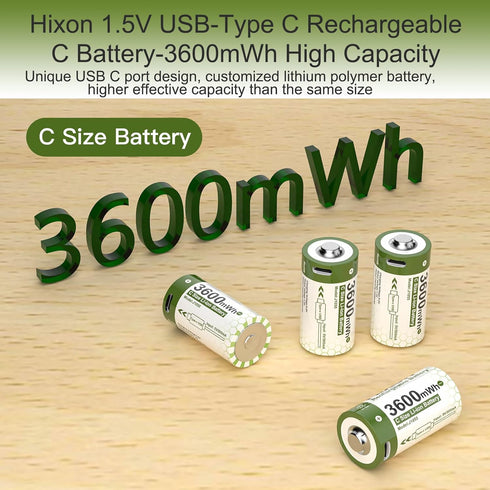 Hixon 1.5V 3600mWh 2 1500 2-in-1 2-Pack USB Rechargeable Lithium Batteries C Size, Rechargeable C Battery, Charges