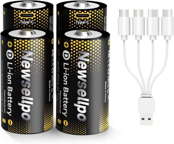 Newsellpo Rechargeable Lithium D Batteries 4 Pack, 8000mWh 1.5V LR20 D Cell Battery