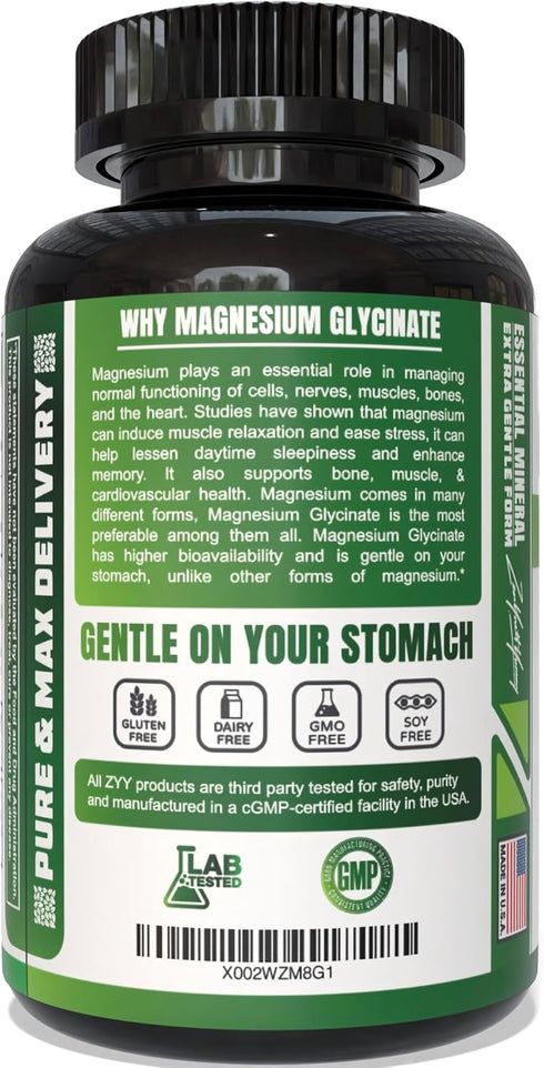 ZYY Pure Magnesium Glycinate Capsules 1000mg Maximum Strength, Chelated Magnesium Supplement for Sleep, Muscle, Brain,