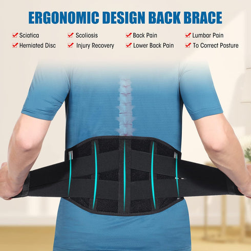 CUEHEAT Back Brace for Lower Back Pain Relief, Adjustable Support Belt with 5 Stays for Scoliosis and Heavy Lifting