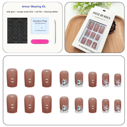 White French Tip Press on Nails, Medium Square Fake Nails with Butterfly Lines Design, 24Pcs Full Cover