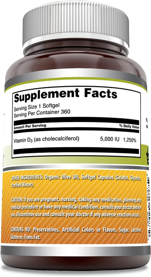 Amazing Formulas Vitamin D3 in Olive Oil Supplement, 5000 IU Per Serving, 360 Softgels, Non-GMO