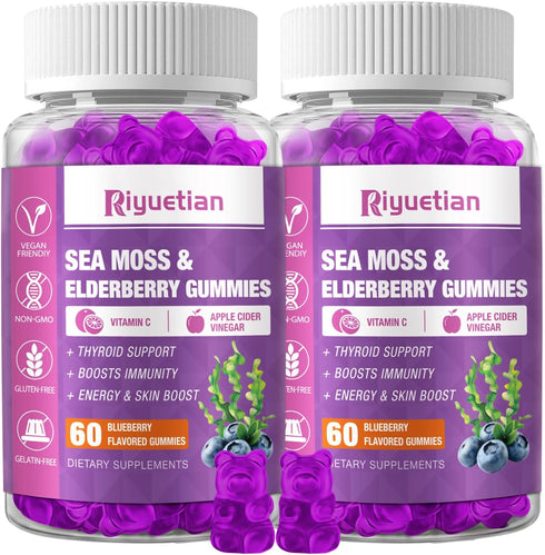 Sea Moss Gummies & Elderberry - Vitamin C + Zinc – Immune & Thyroid Support Gummy Bears for Kids & Adults - 120 Gummies