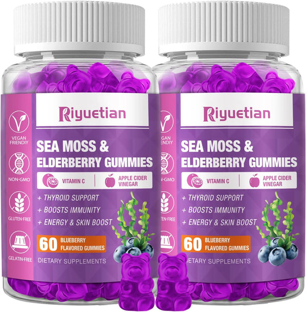 Sea Moss Gummies & Elderberry - Vitamin C + Zinc – Immune & Thyroid Support Gummy Bears for Kids & Adults - 120 Gummies