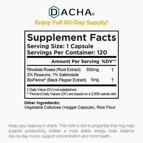 Natural Rhodiola Rosea Supplement, 120 CAPS 500mg, Mood and Focus Support, Bioperine Enhanced Absorption