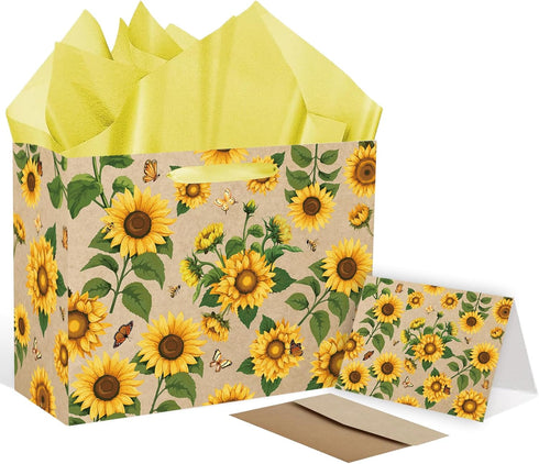 SUNDECO Large Sunflower Gift Bag with Yellow Tissue Paper and Greeting Card, Sunflower