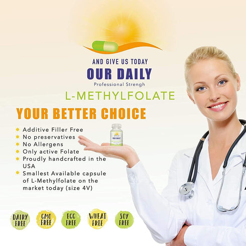 Our Daily Vites L-Methylfolate 1mg, Maximum Strength Active Folate, 90 Count Vegetarian Capsules (Pack of 2)