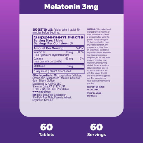 Natrol Melatonin 3 mg - Dietary Supplement for Restful Sleep, Sleep Supplements for Adults, 60 Melatonin Tablets, 60