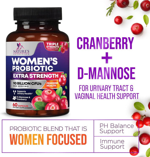 Probiotics for Women with Prebiotics - 90 Billion CFU, 16 Strains, Cranberry & D-Mannose - 60 Capsules for Health