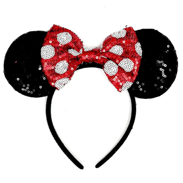 Mouse Ears Headbands for Women, Shiny Bows for Birthday Themed Events, Party Accessories (Red Bow, One Size)