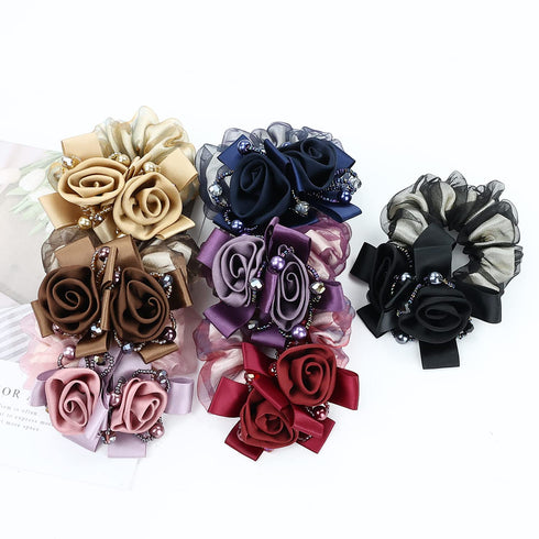 inSowni 7 Pack Sparkly Crystals Pearls Rose Flower Lace Hair Scrunchies, Fancy Decorative Accessories for Women Girls