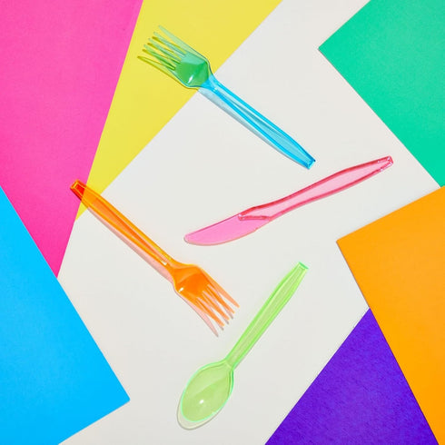Juvale 216 Piece Rainbow Plastic Silverware Set, Neon Forks, Spoons, Knives for Parties