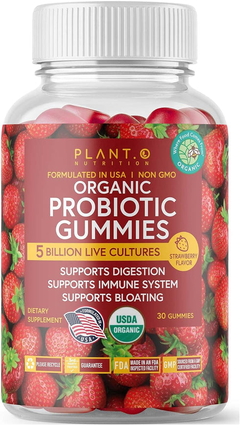 Plant.O Organic Probiotic Gummies - 30 Chewable Probiotics, 5 Billion CFUs, Strawberry Flavor for Digestion & Immune