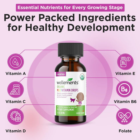 Wellements Organic Baby Multivitamin Drops, 1 Fl Oz Cherry Flavor Liquid for Infants & Toddlers