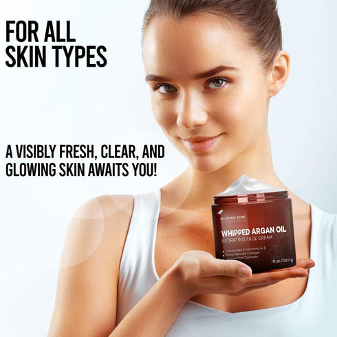 MAJESTIC PURE Whipped Argan Oil Moisturizer Face Cream, 8oz - Hydrates Dry and Oily Skin with Vitamin E, A, Collagen &