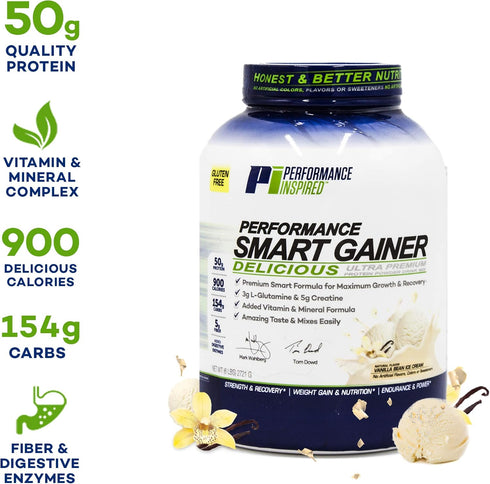 Performance Inspired Nutrition Smart Mass Gainer - 50G Protein, L-Glutamine, Creatine, Fiber, Digestive Enzymes,