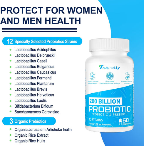 200 Billion CFUs Probiotics, 12 Strains, Daily Supplement with 3 Prebiotics, 60 Capsules