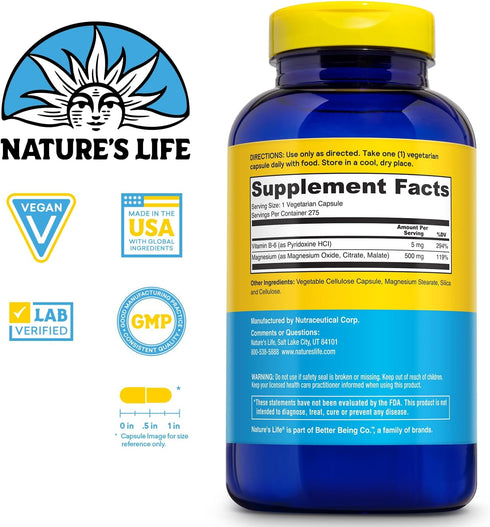 Nature’s Life Renewing Magnesium 500 mg, Citrate, Malate, Oxide Plus Vitamin B-6, 275 VegCaps