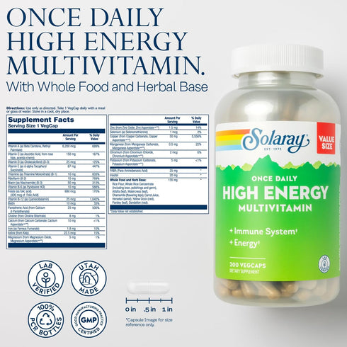 SOLARAY Once Daily High Energy Multivitamin for Women and Men - 200 VegCaps, Immune Support